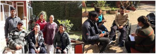Picture 5 a.: Mr. Bijendra and Mr. Bishnu has similar disability and had individual peer counseling and Mr. Bijendra is sharing experience with interns from different universities